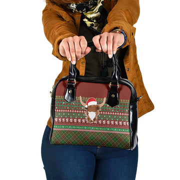 Scottish Christmas Shoulder Handbag Highland Cattle-Xmas Tartan Stripes Style Red Color LT03
