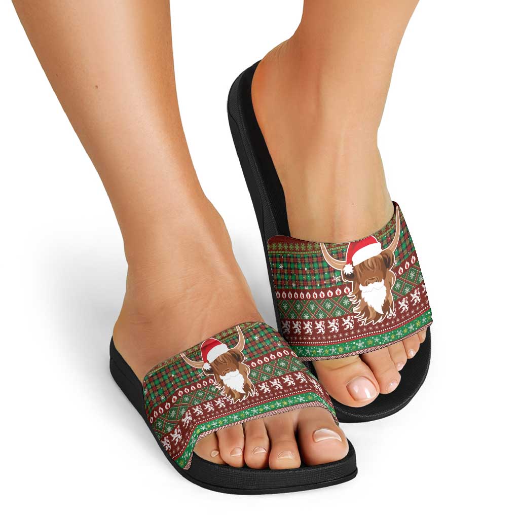 Scottish Christmas Slide Sandals Highland Cattle-Xmas Tartan Stripes Style Red Color LT03