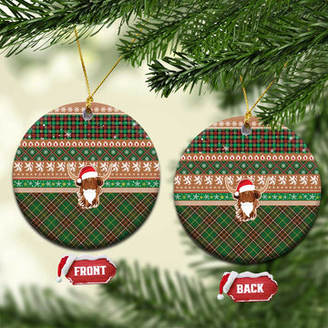 Scottish Christmas Ceramic Ornament Highland Cattle-Xmas Tartan Stripes Style Brown Color LT03