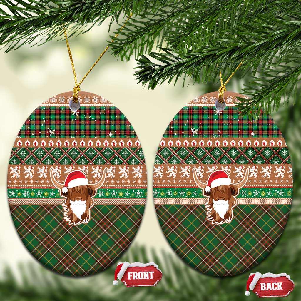 Scottish Christmas Ceramic Ornament Highland Cattle-Xmas Tartan Stripes Style Brown Color LT03