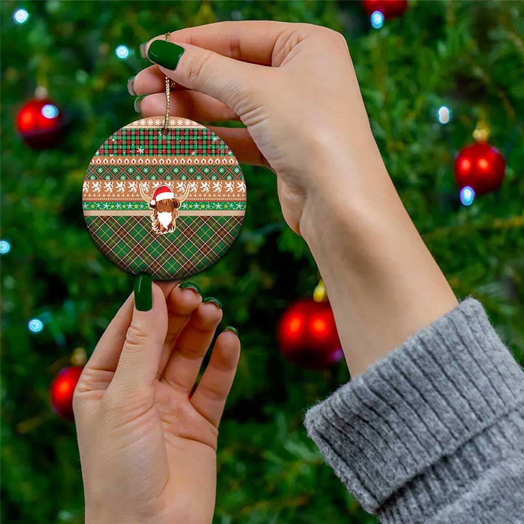 Scottish Christmas Ceramic Ornament Highland Cattle-Xmas Tartan Stripes Style Brown Color LT03