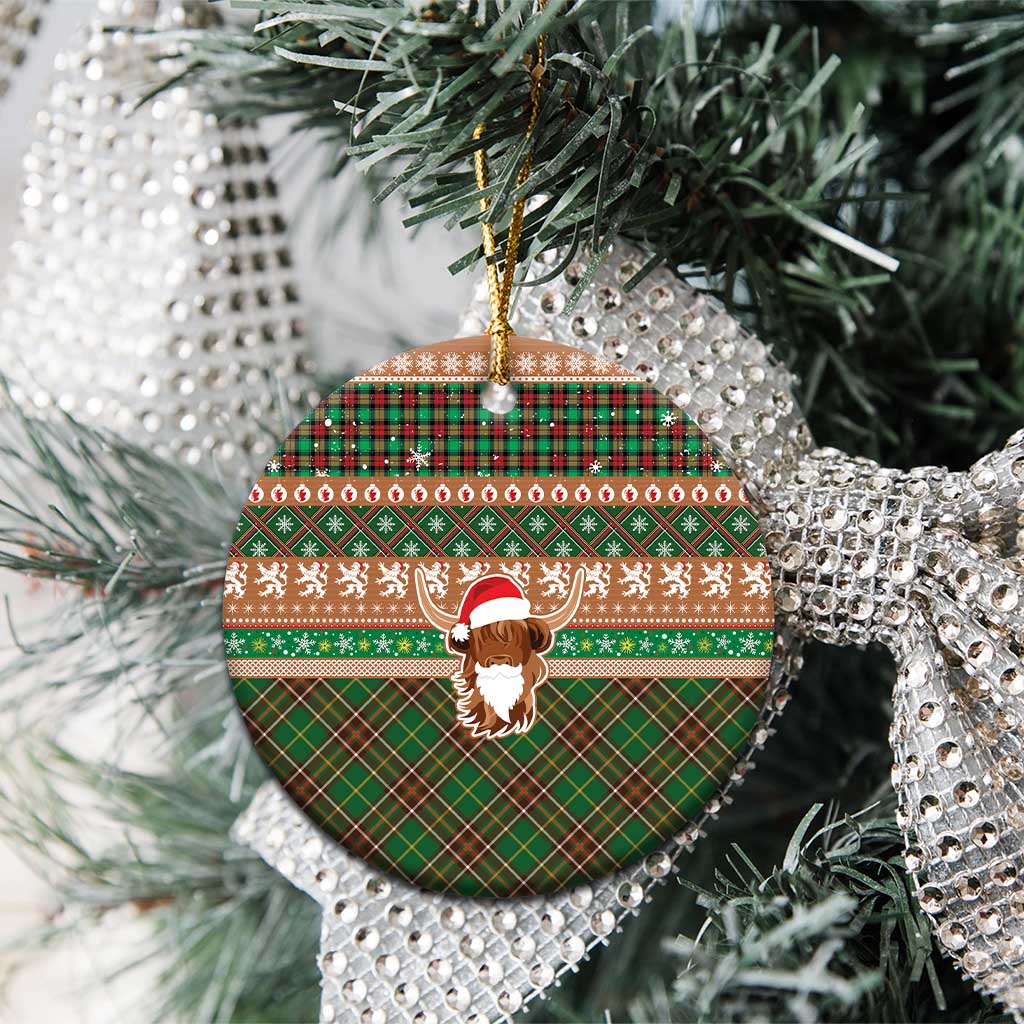 Scottish Christmas Ceramic Ornament Highland Cattle-Xmas Tartan Stripes Style Brown Color LT03