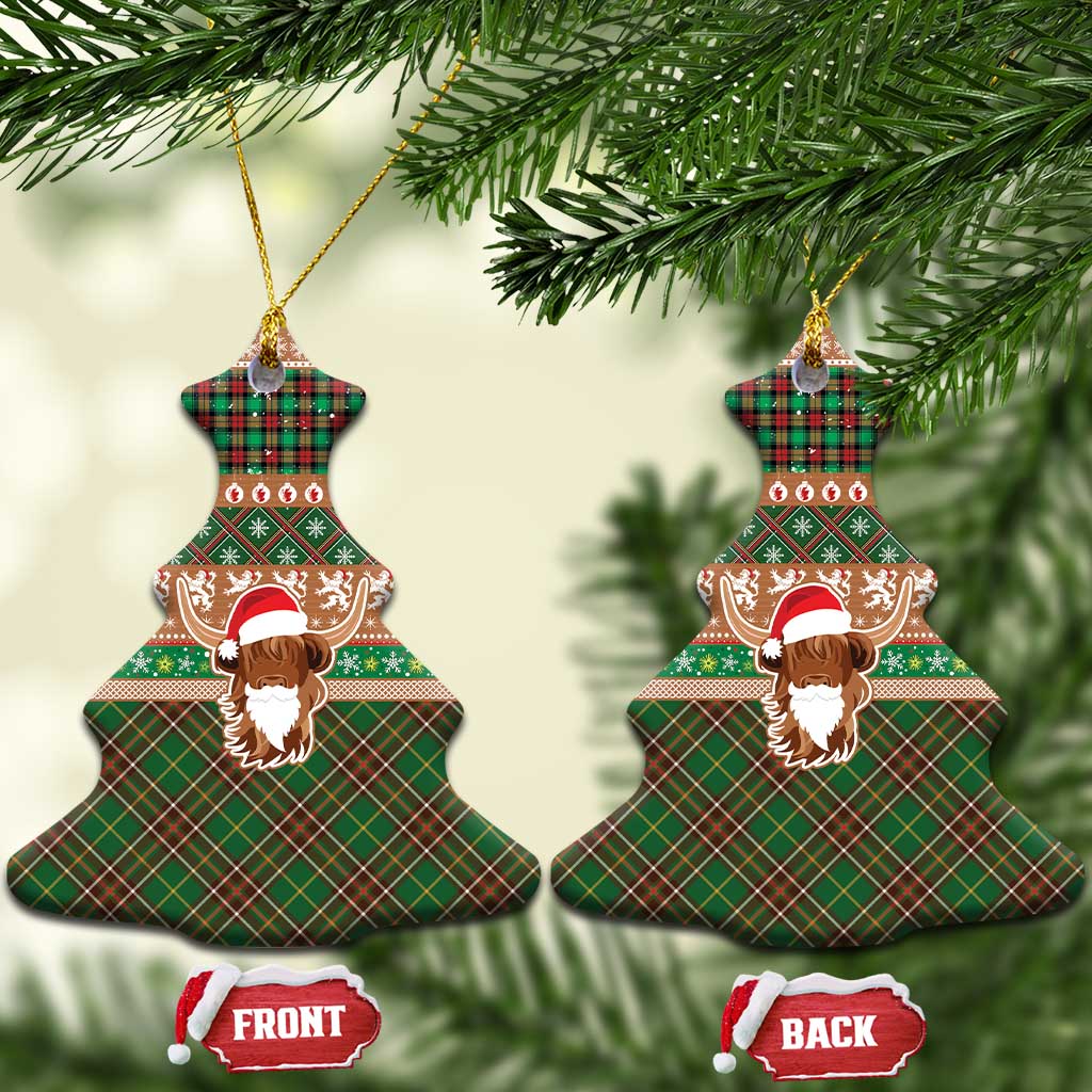 Scottish Christmas Ceramic Ornament Highland Cattle-Xmas Tartan Stripes Style Brown Color LT03