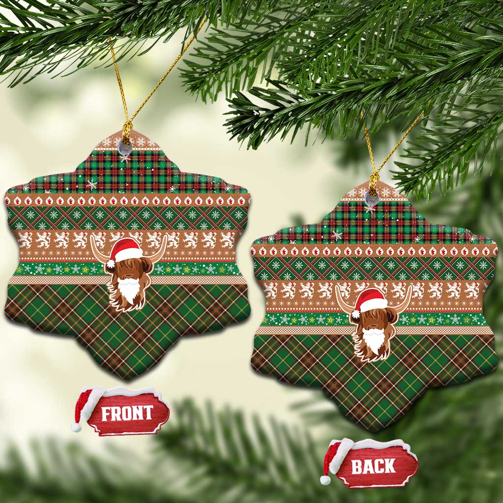 Scottish Christmas Ceramic Ornament Highland Cattle-Xmas Tartan Stripes Style Brown Color LT03