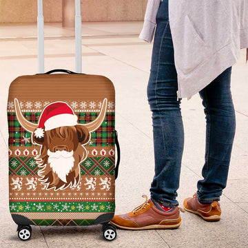 Scottish Christmas Luggage Cover Highland Cattle-Xmas Tartan Stripes Style Brown Color LT03