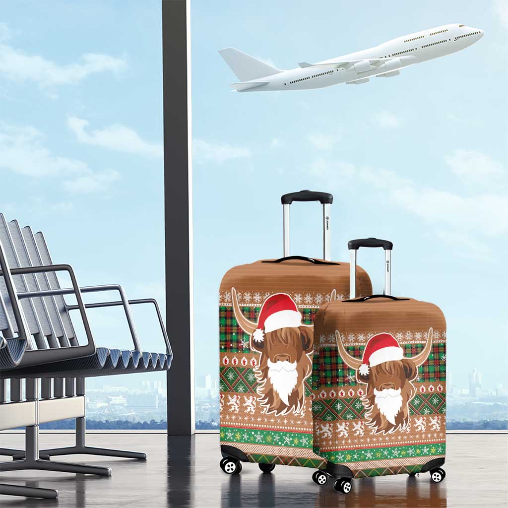 Scottish Christmas Luggage Cover Highland Cattle-Xmas Tartan Stripes Style Brown Color LT03