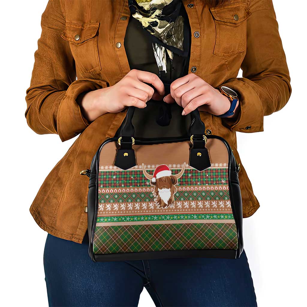Scottish Christmas Shoulder Handbag Highland Cattle-Xmas Tartan Stripes Style Brown Color LT03