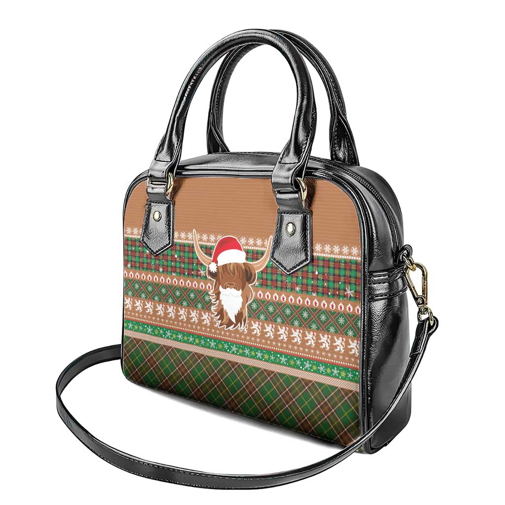 Scottish Christmas Shoulder Handbag Highland Cattle-Xmas Tartan Stripes Style Brown Color LT03