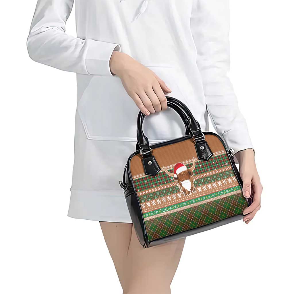 Scottish Christmas Shoulder Handbag Highland Cattle-Xmas Tartan Stripes Style Brown Color LT03
