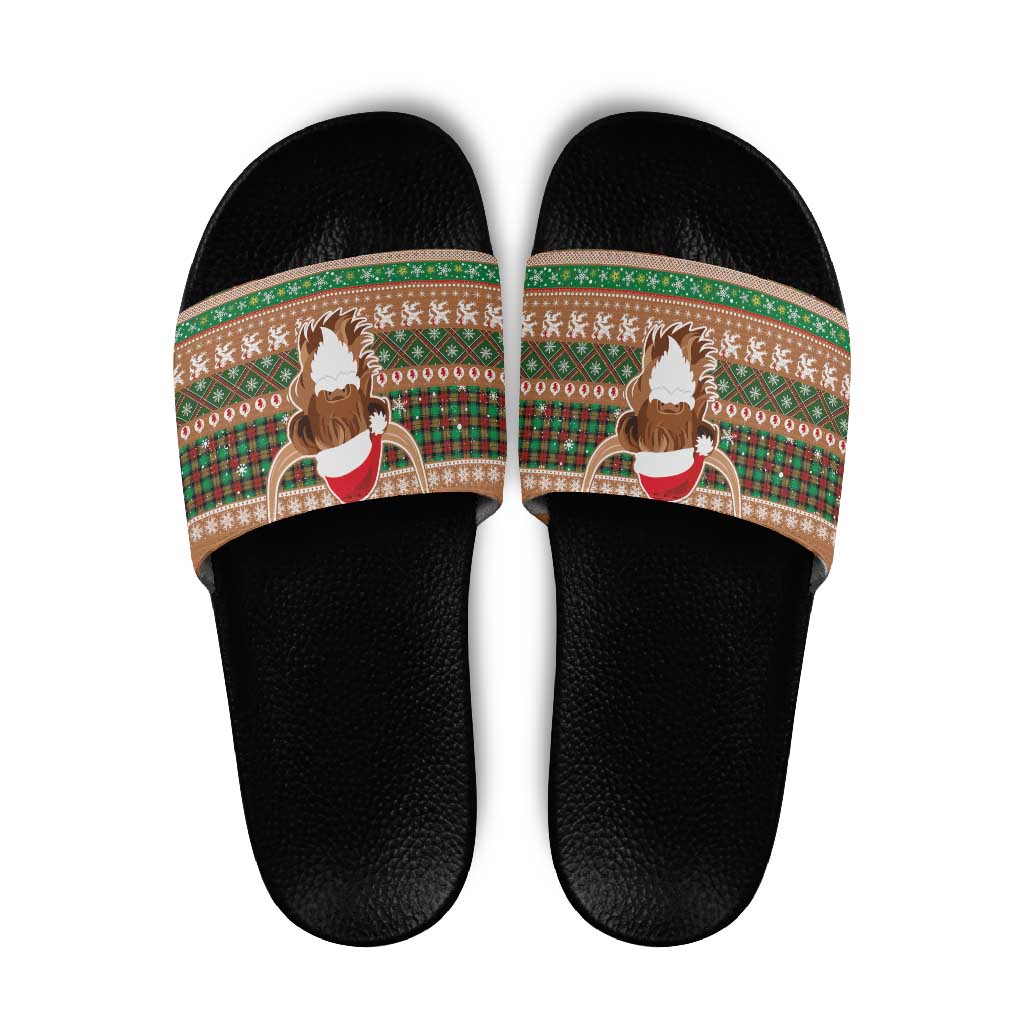Scottish Christmas Slide Sandals Highland Cattle-Xmas Tartan Stripes Style Brown Color LT03