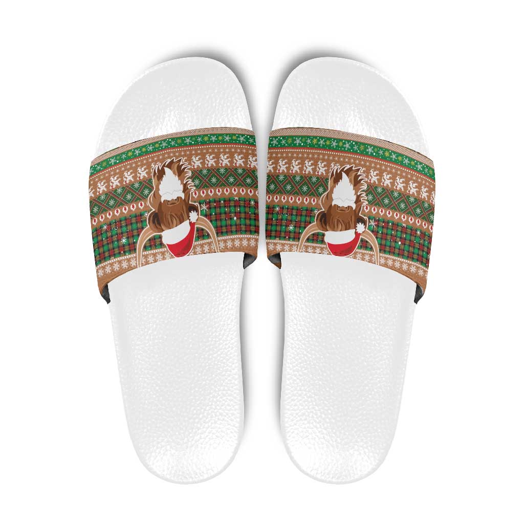 Scottish Christmas Slide Sandals Highland Cattle-Xmas Tartan Stripes Style Brown Color LT03