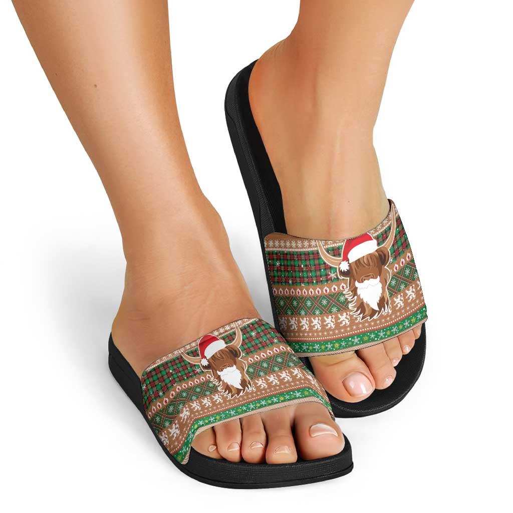 Scottish Christmas Slide Sandals Highland Cattle-Xmas Tartan Stripes Style Brown Color LT03