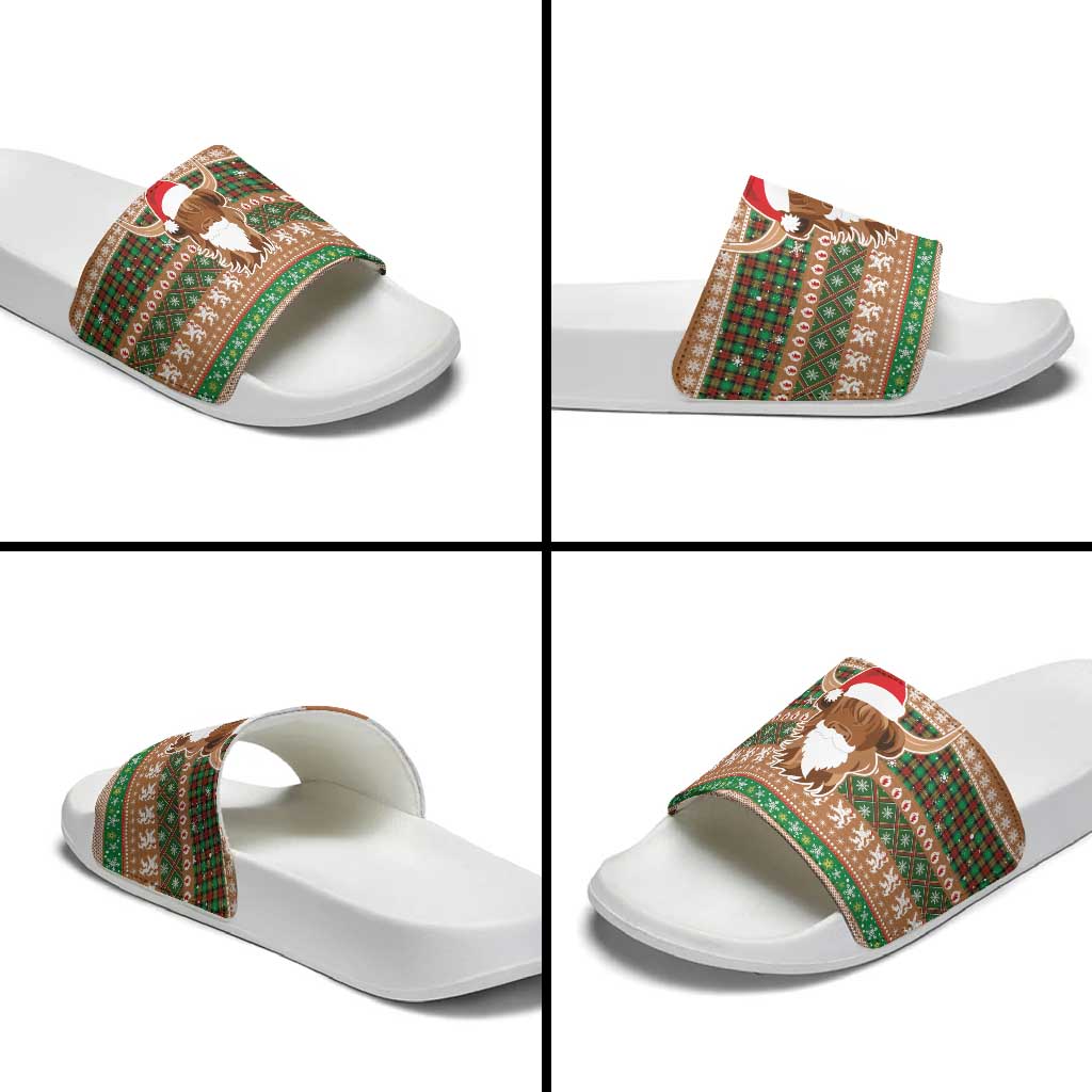 Scottish Christmas Slide Sandals Highland Cattle-Xmas Tartan Stripes Style Brown Color LT03