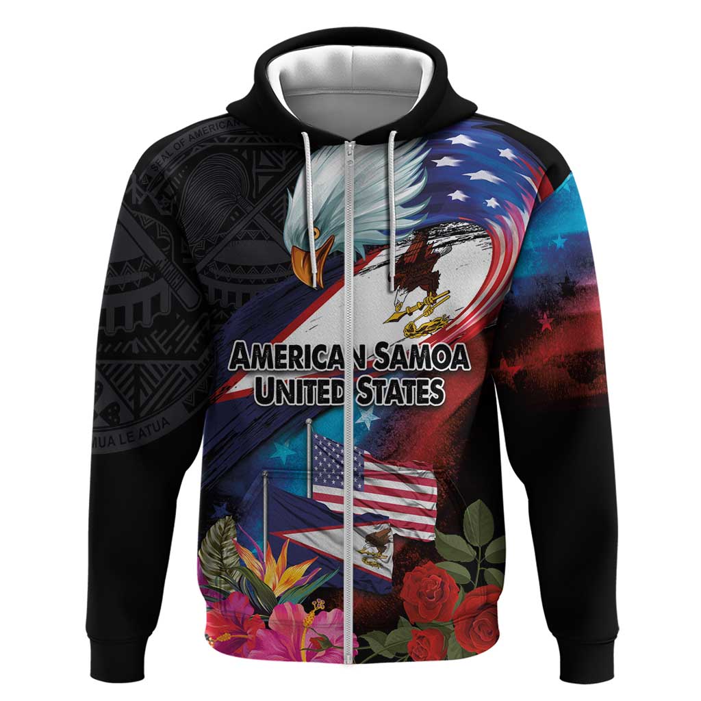 American Samoa and United States Together Hoodie National Flag with Eagle-Hibiscus and Rose LT03