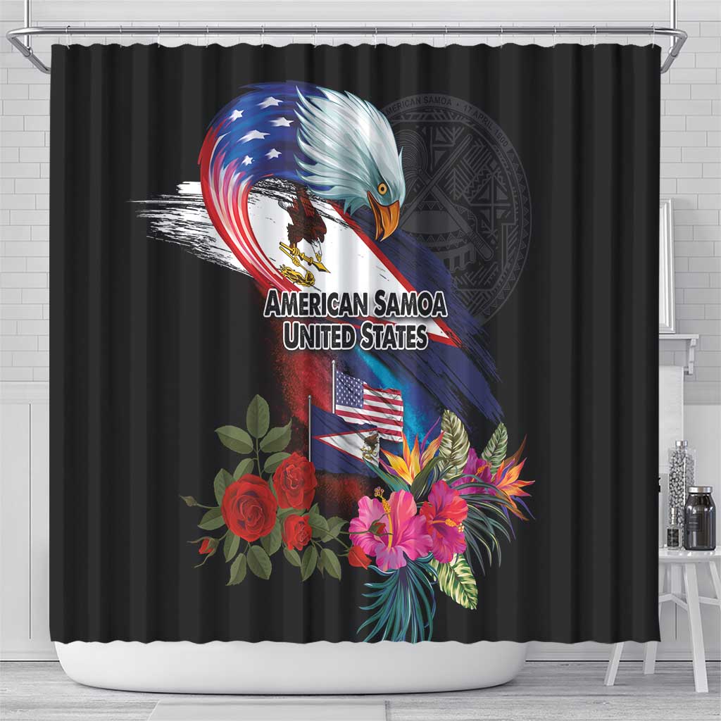 American Samoa and United States Together Shower Curtain National Flag with Eagle-Hibiscus and Rose LT03