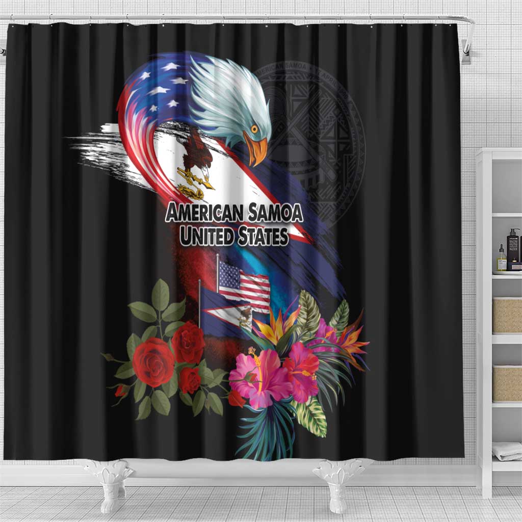 American Samoa and United States Together Shower Curtain National Flag with Eagle-Hibiscus and Rose LT03