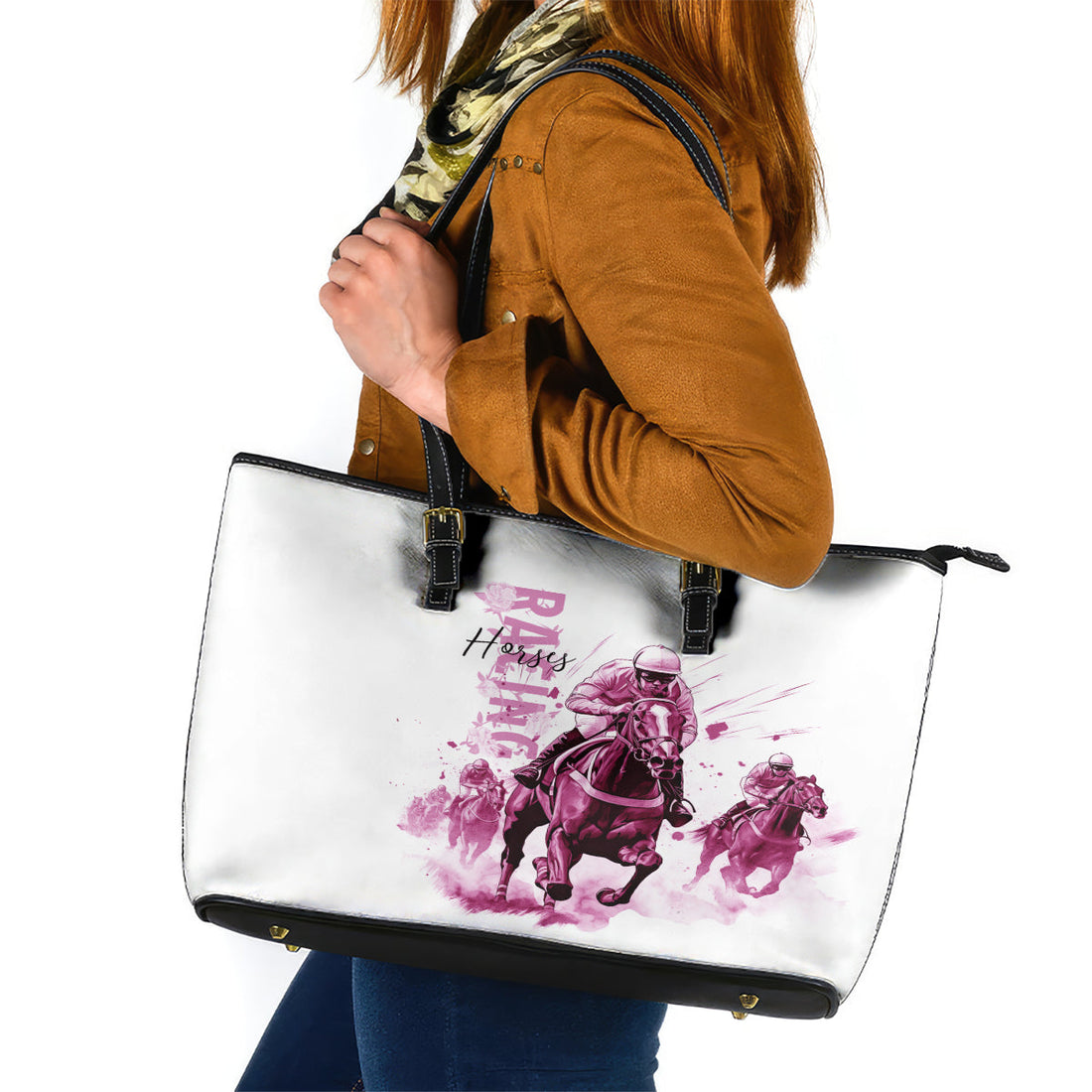Kentucky Horses Racing Leather Tote Bag Jockey Drawing Style Pink Out Color LT03