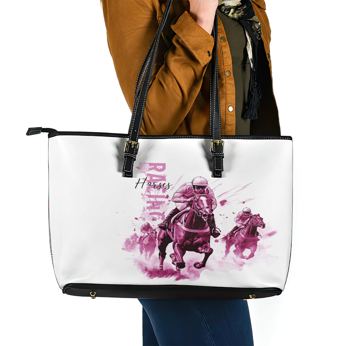 Kentucky Horses Racing Leather Tote Bag Jockey Drawing Style Pink Out Color LT03