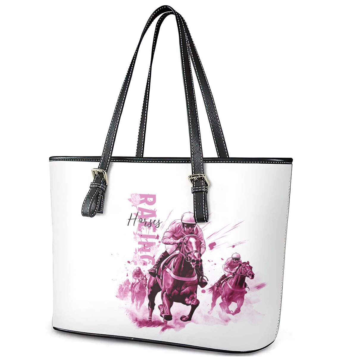 Kentucky Horses Racing Leather Tote Bag Jockey Drawing Style Pink Out Color LT03