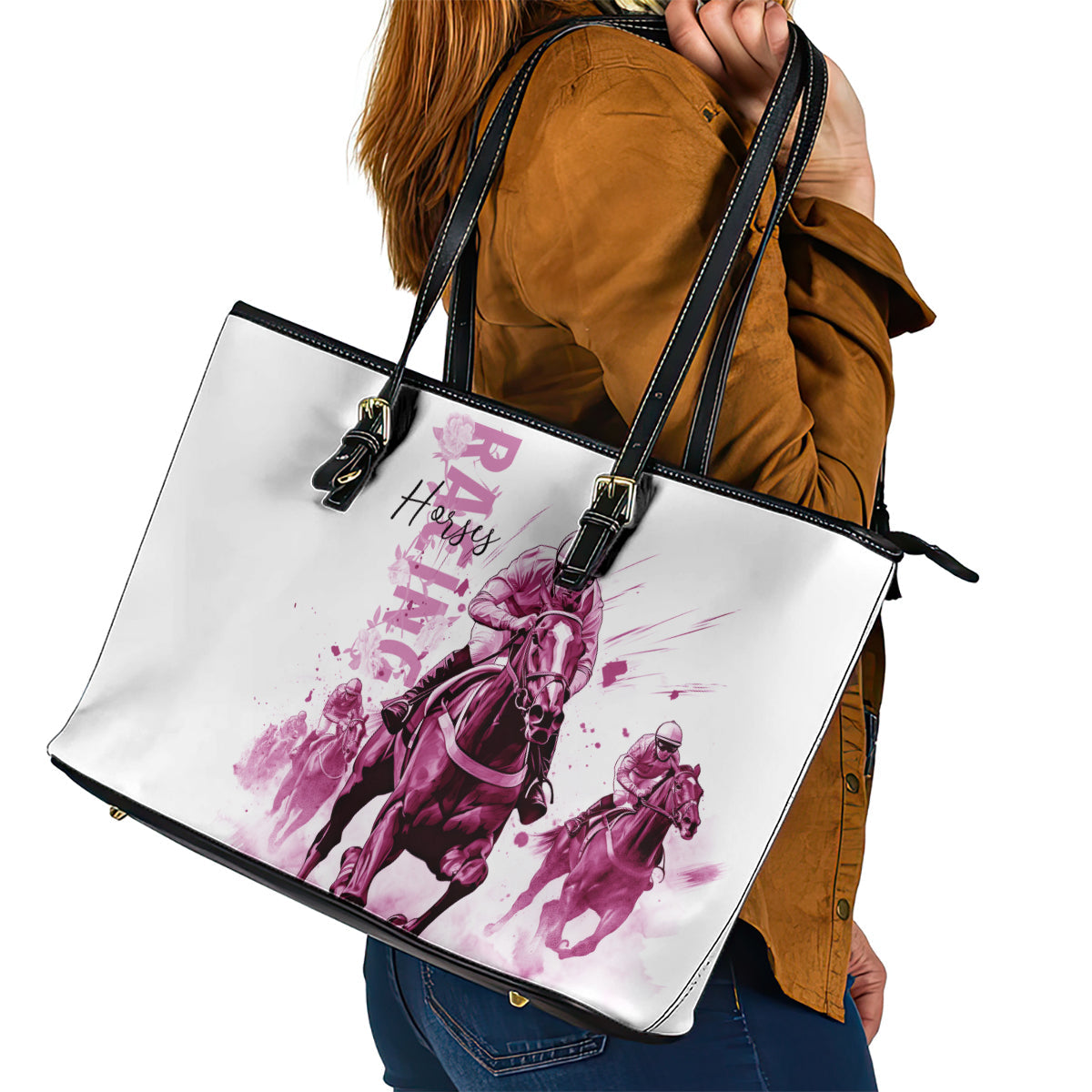 Kentucky Horses Racing Leather Tote Bag Jockey Drawing Style Pink Out Color LT03