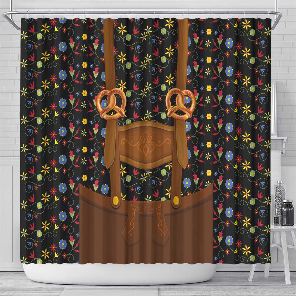 Traditional German Costume - Lederhosen and Soft Pretzel Shower Curtain Folk Floral Pattern Style LT03