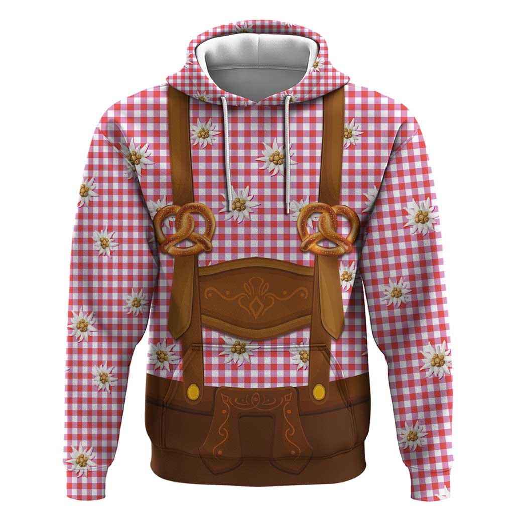 Traditional German Costume - Lederhosen and Soft Pretzel Hoodie Blue Plaid Pattern with Edelweiss Flowers LT03