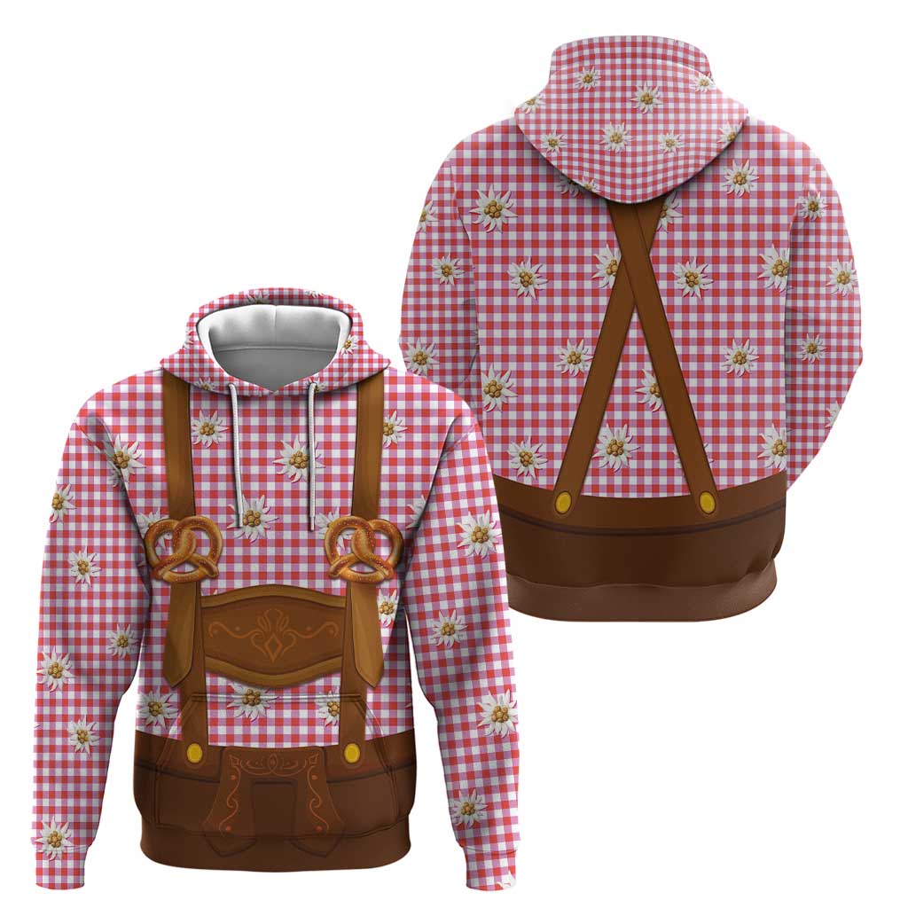 Traditional German Costume - Lederhosen and Soft Pretzel Hoodie Blue Plaid Pattern with Edelweiss Flowers LT03