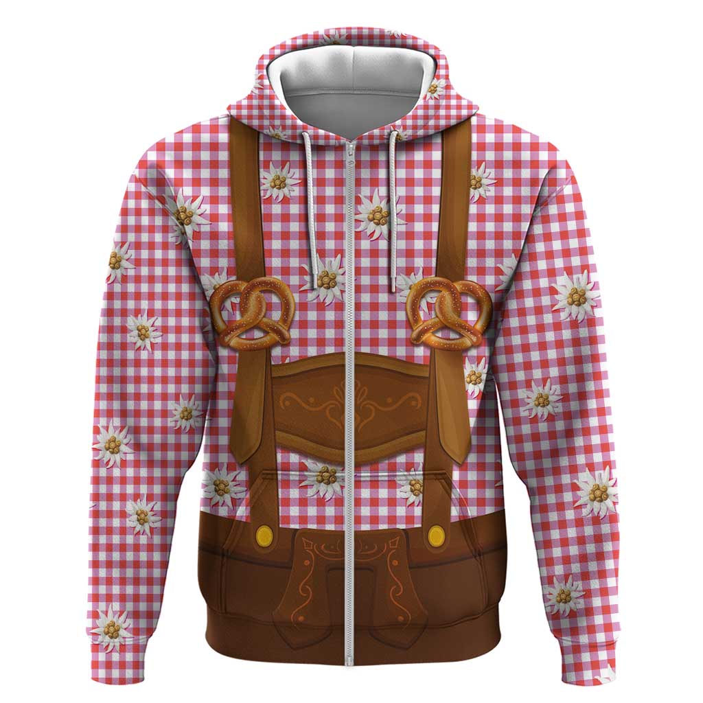 Traditional German Costume - Lederhosen and Soft Pretzel Hoodie Blue Plaid Pattern with Edelweiss Flowers LT03