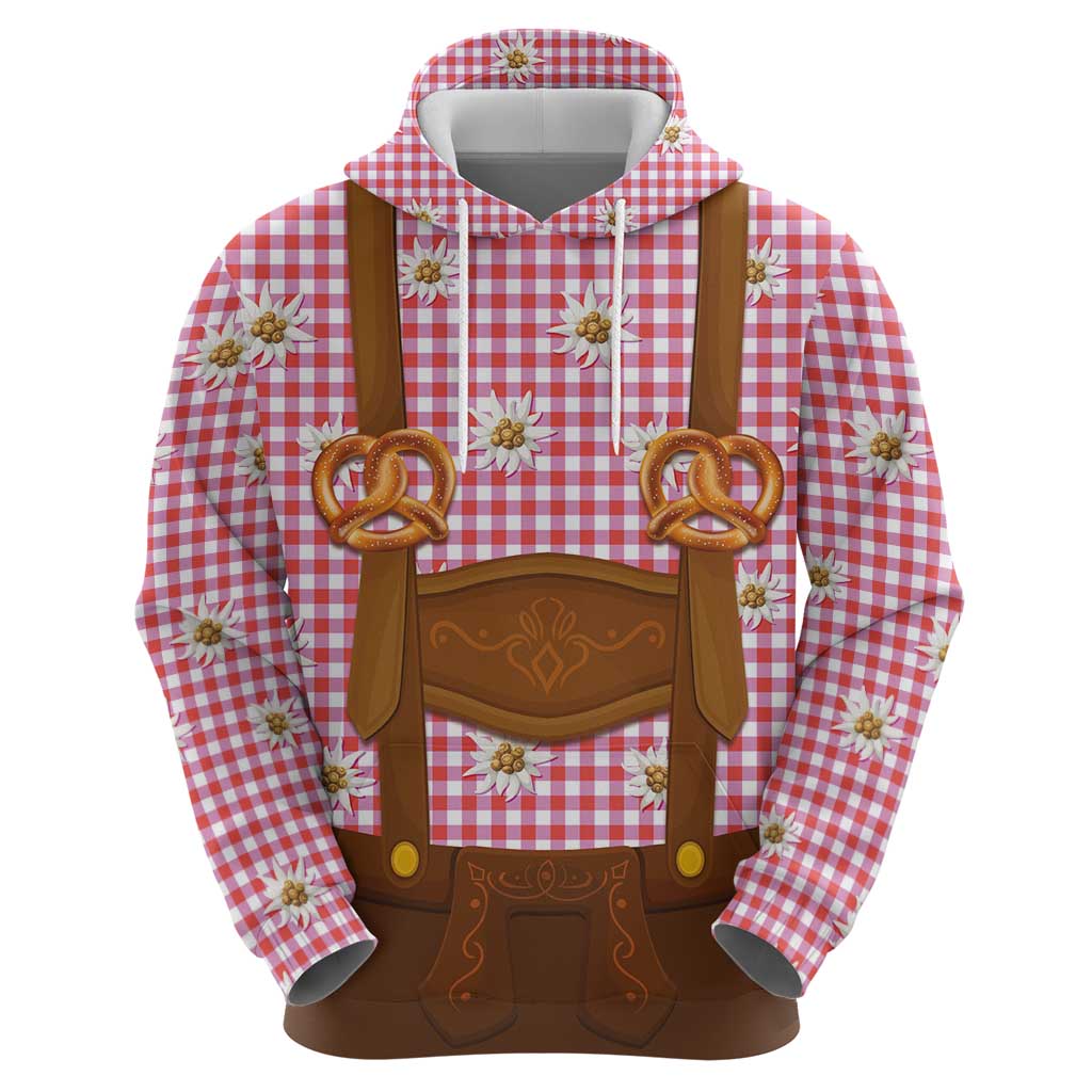 Traditional German Costume - Lederhosen and Soft Pretzel Hoodie Blue Plaid Pattern with Edelweiss Flowers LT03