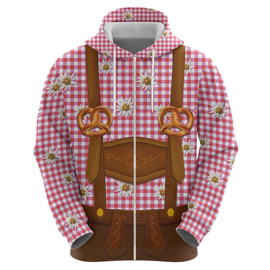 Traditional German Costume - Lederhosen and Soft Pretzel Hoodie Blue Plaid Pattern with Edelweiss Flowers LT03