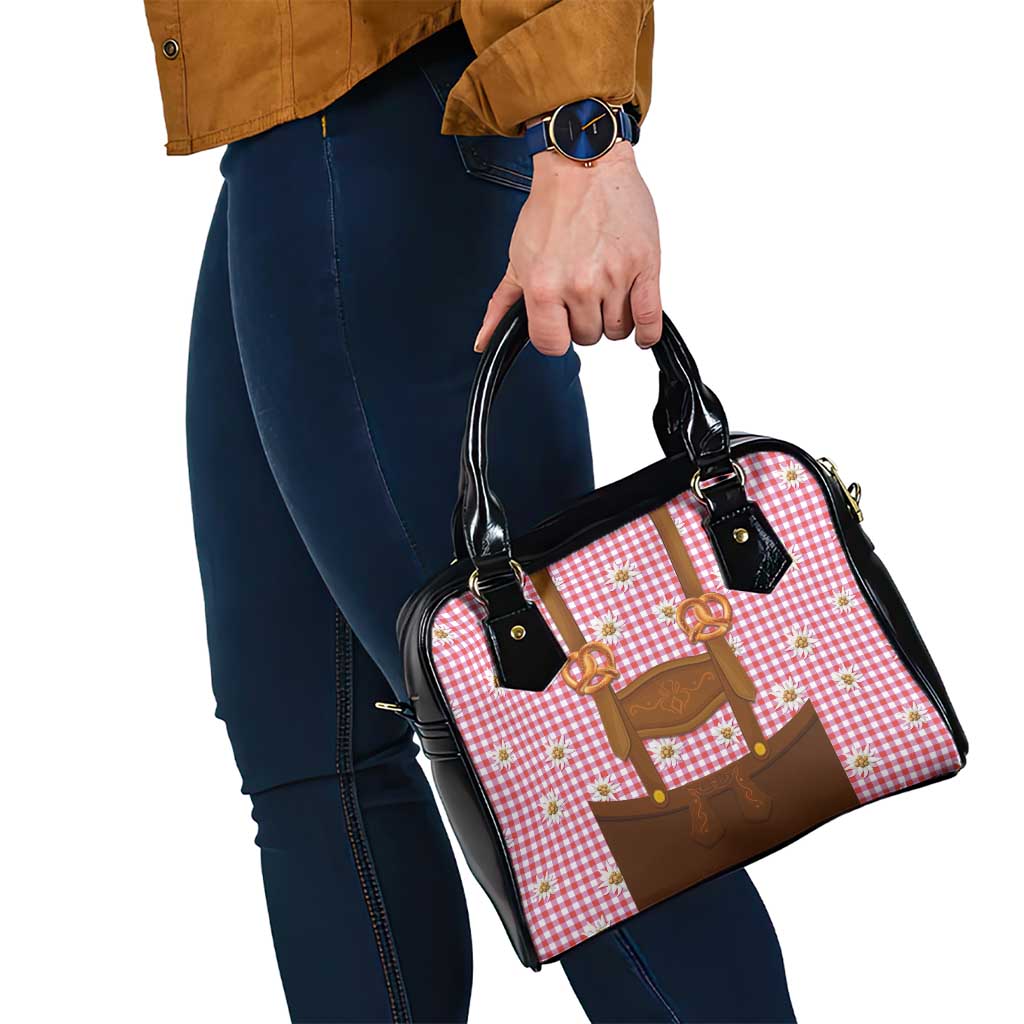 Traditional German Costume - Lederhosen and Soft Pretzel Shoulder Handbag Blue Plaid Pattern with Edelweiss Flowers LT03