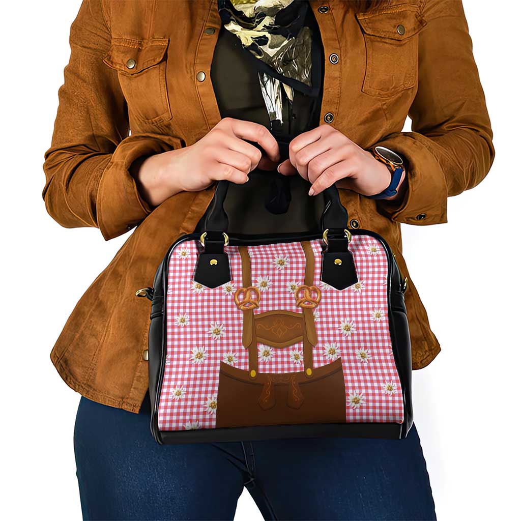 Traditional German Costume - Lederhosen and Soft Pretzel Shoulder Handbag Blue Plaid Pattern with Edelweiss Flowers LT03
