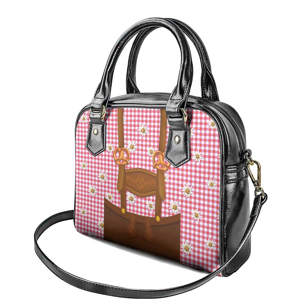 Traditional German Costume - Lederhosen and Soft Pretzel Shoulder Handbag Blue Plaid Pattern with Edelweiss Flowers LT03