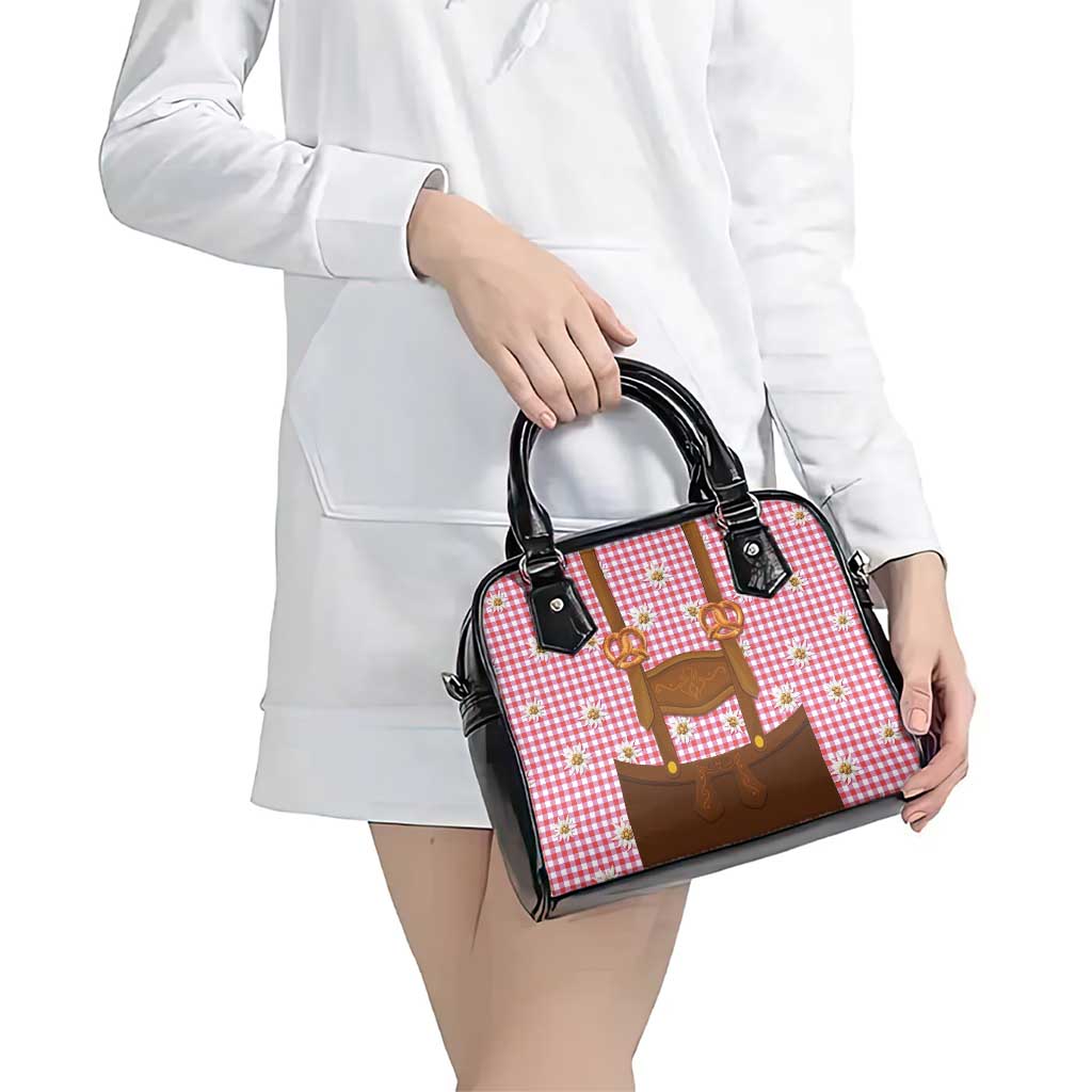 Traditional German Costume - Lederhosen and Soft Pretzel Shoulder Handbag Blue Plaid Pattern with Edelweiss Flowers LT03
