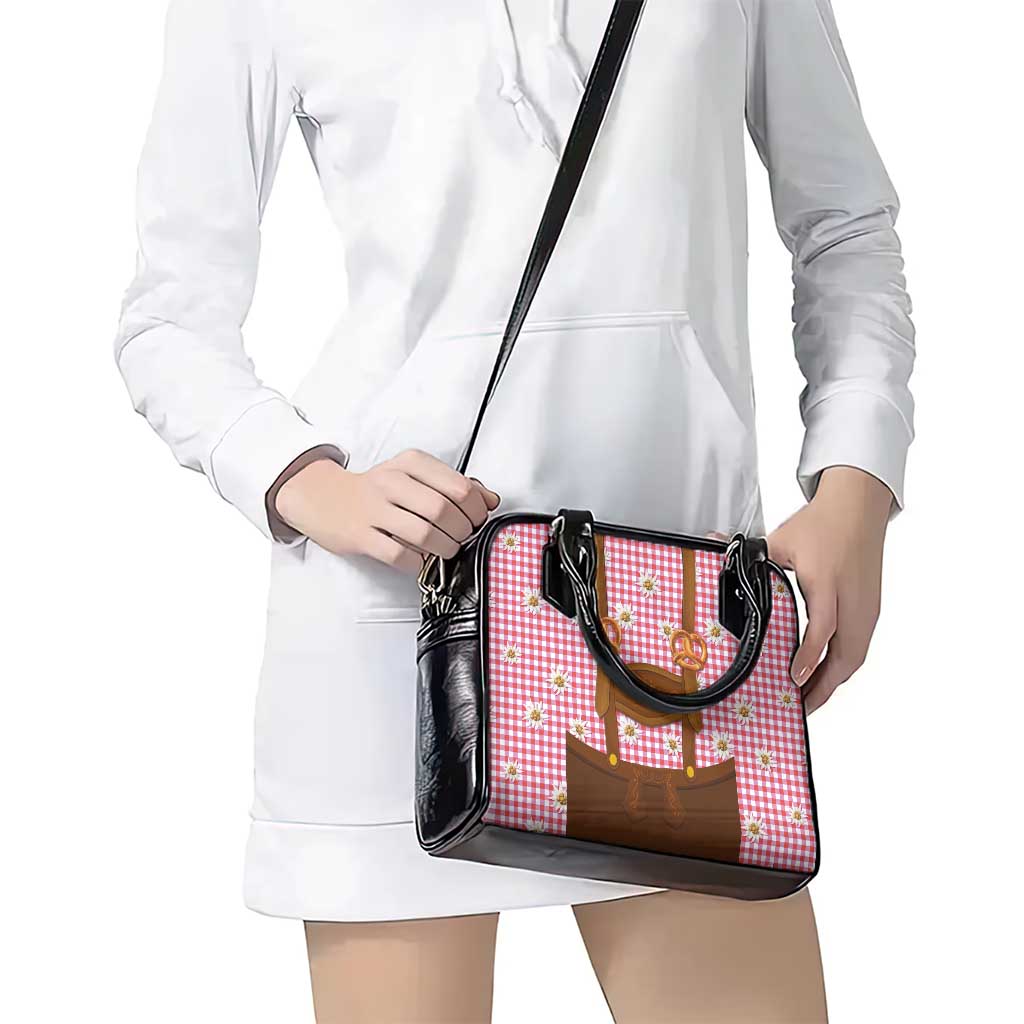 Traditional German Costume - Lederhosen and Soft Pretzel Shoulder Handbag Blue Plaid Pattern with Edelweiss Flowers LT03
