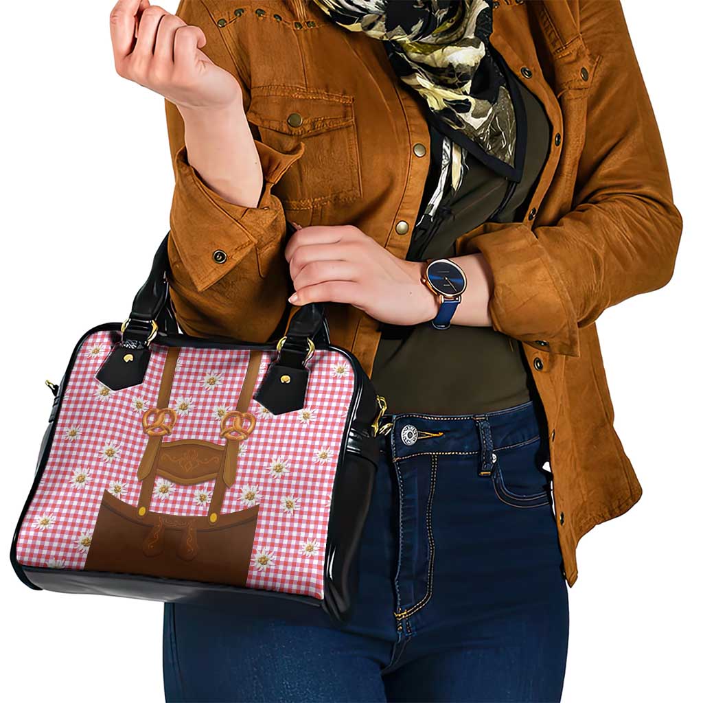 Traditional German Costume - Lederhosen and Soft Pretzel Shoulder Handbag Blue Plaid Pattern with Edelweiss Flowers LT03
