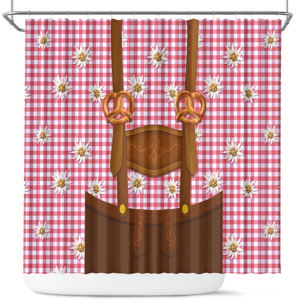 Traditional German Costume - Lederhosen and Soft Pretzel Shower Curtain Blue Plaid Pattern with Edelweiss Flowers LT03