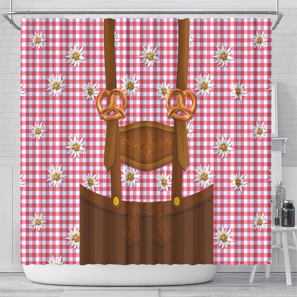 Traditional German Costume - Lederhosen and Soft Pretzel Shower Curtain Blue Plaid Pattern with Edelweiss Flowers LT03