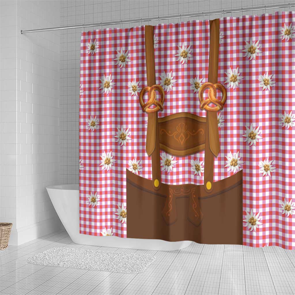 Traditional German Costume - Lederhosen and Soft Pretzel Shower Curtain Blue Plaid Pattern with Edelweiss Flowers LT03