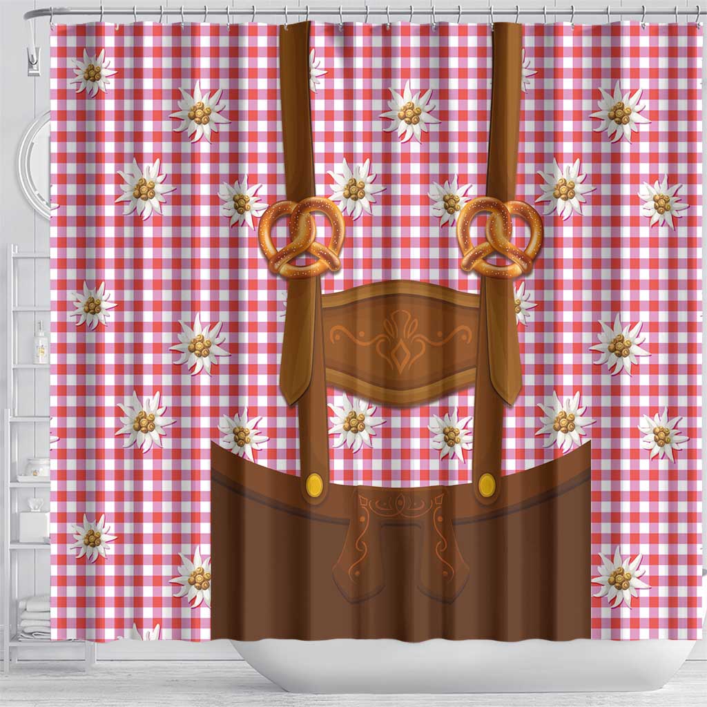 Traditional German Costume - Lederhosen and Soft Pretzel Shower Curtain Blue Plaid Pattern with Edelweiss Flowers LT03