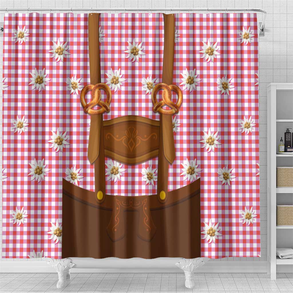 Traditional German Costume - Lederhosen and Soft Pretzel Shower Curtain Blue Plaid Pattern with Edelweiss Flowers LT03