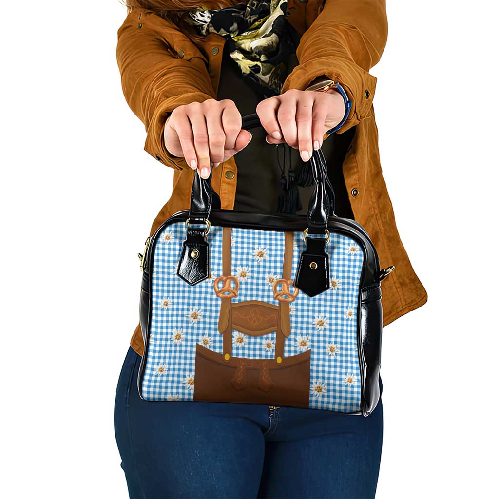 Traditional German Costume - Lederhosen and Soft Pretzel Shoulder Handbag Red Plaid Pattern with Edelweiss Flowers LT03