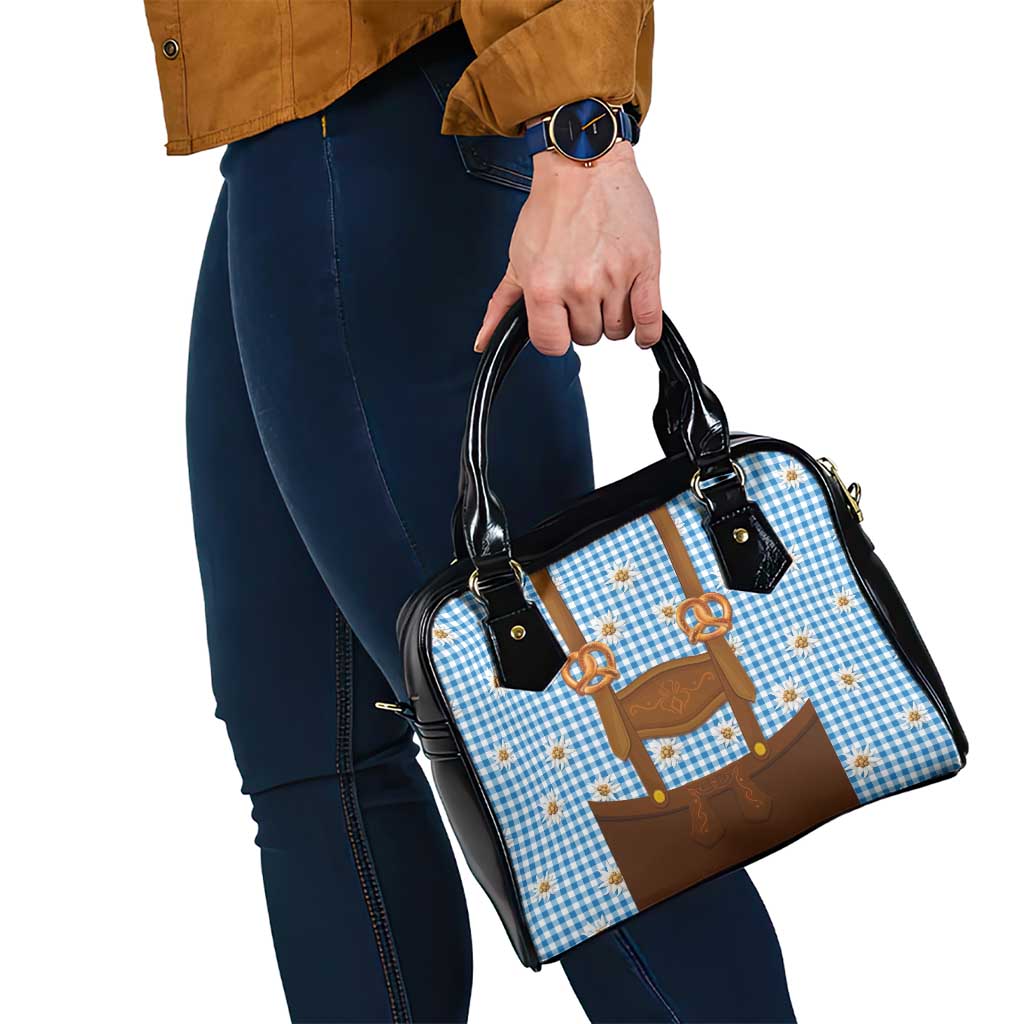 Traditional German Costume - Lederhosen and Soft Pretzel Shoulder Handbag Red Plaid Pattern with Edelweiss Flowers LT03