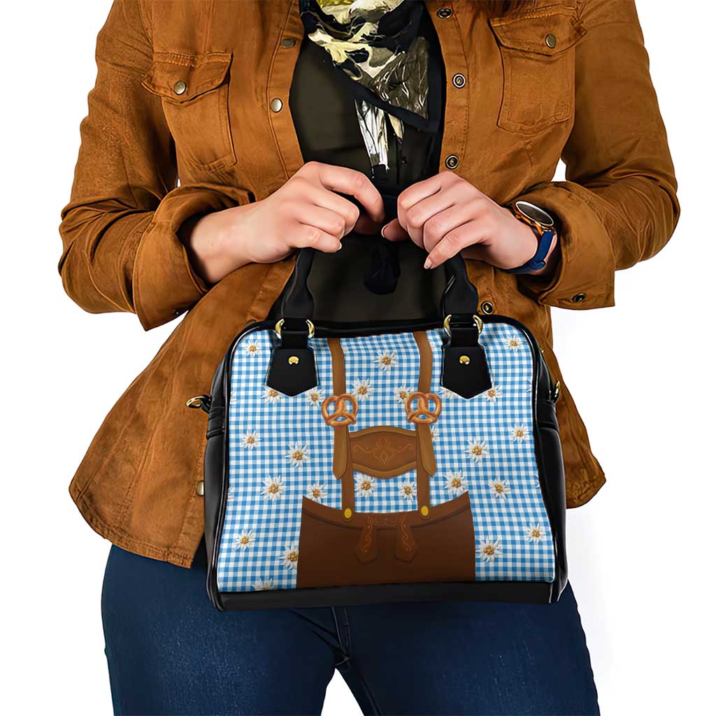Traditional German Costume - Lederhosen and Soft Pretzel Shoulder Handbag Red Plaid Pattern with Edelweiss Flowers LT03