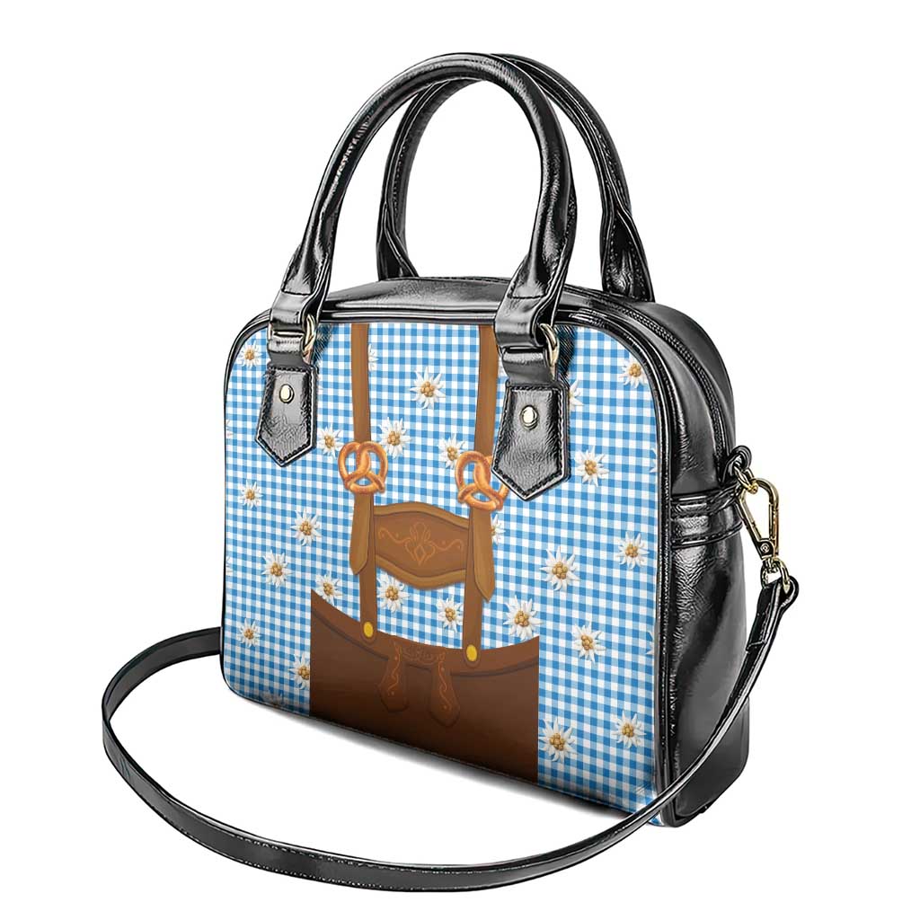 Traditional German Costume - Lederhosen and Soft Pretzel Shoulder Handbag Red Plaid Pattern with Edelweiss Flowers LT03