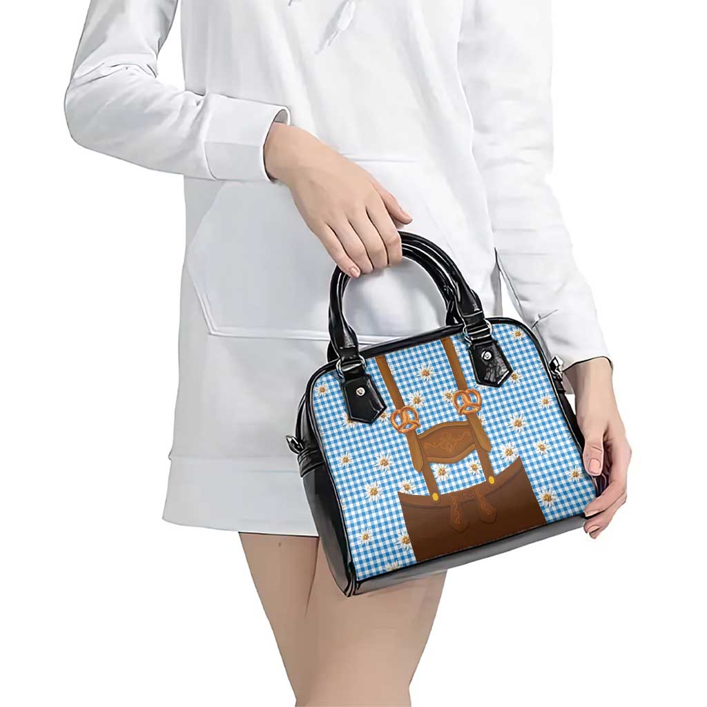 Traditional German Costume - Lederhosen and Soft Pretzel Shoulder Handbag Red Plaid Pattern with Edelweiss Flowers LT03