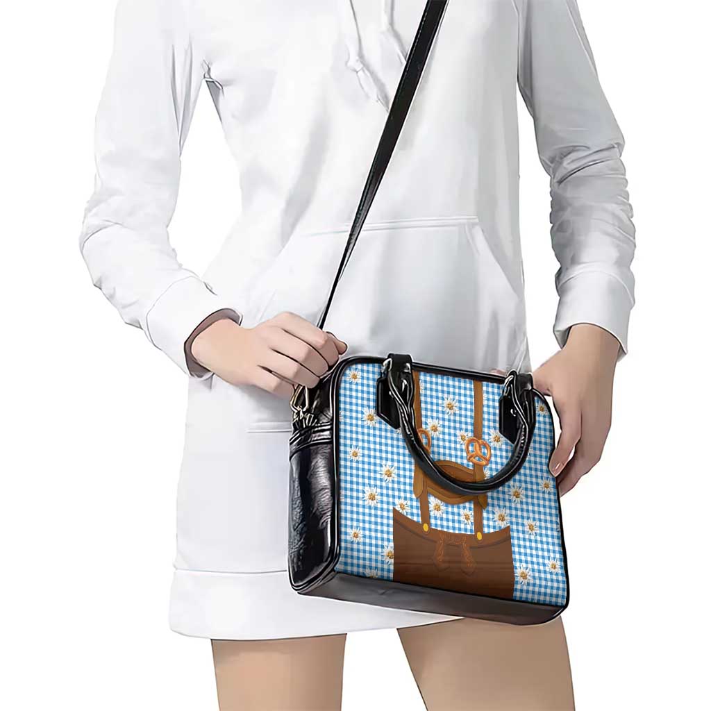 Traditional German Costume - Lederhosen and Soft Pretzel Shoulder Handbag Red Plaid Pattern with Edelweiss Flowers LT03