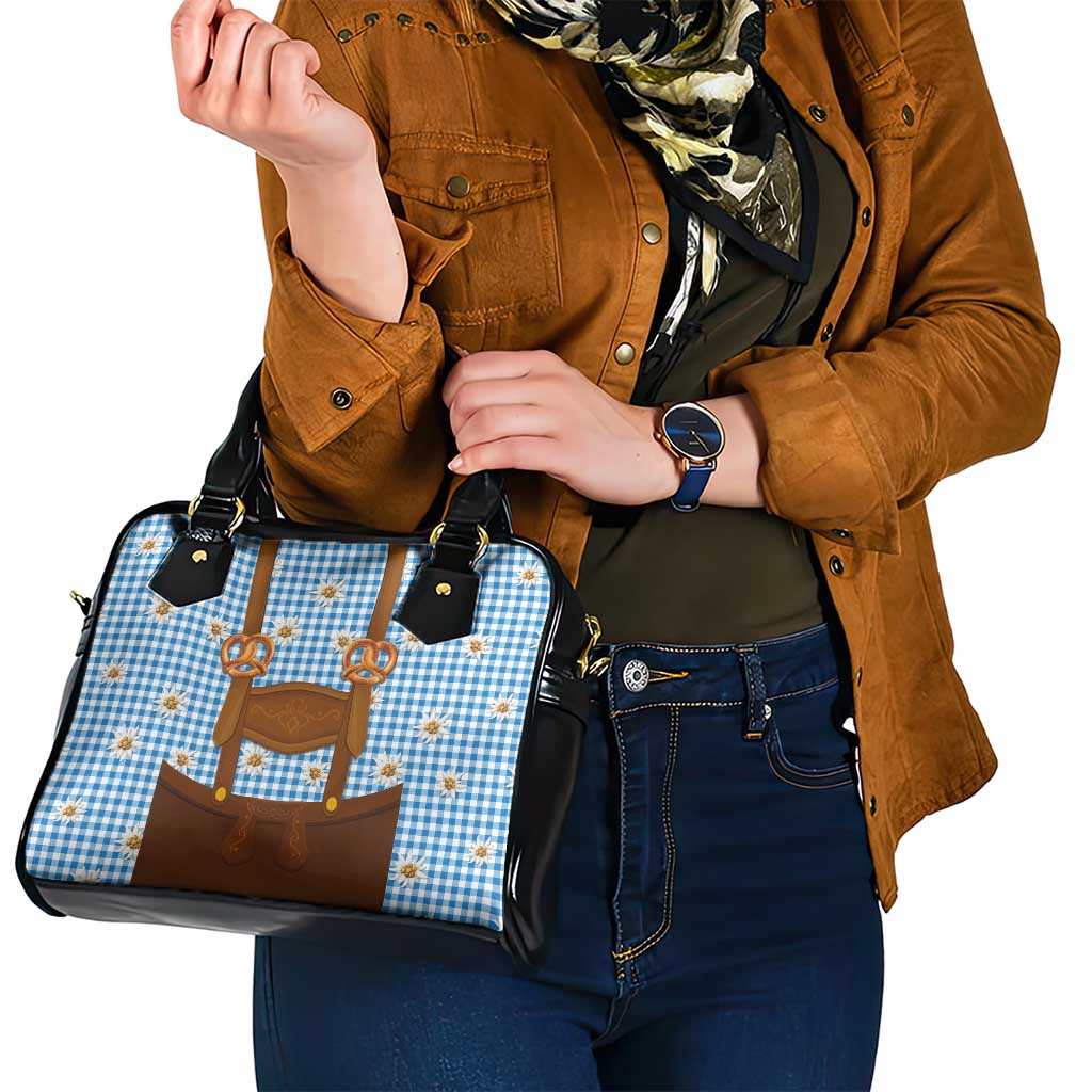 Traditional German Costume - Lederhosen and Soft Pretzel Shoulder Handbag Red Plaid Pattern with Edelweiss Flowers LT03