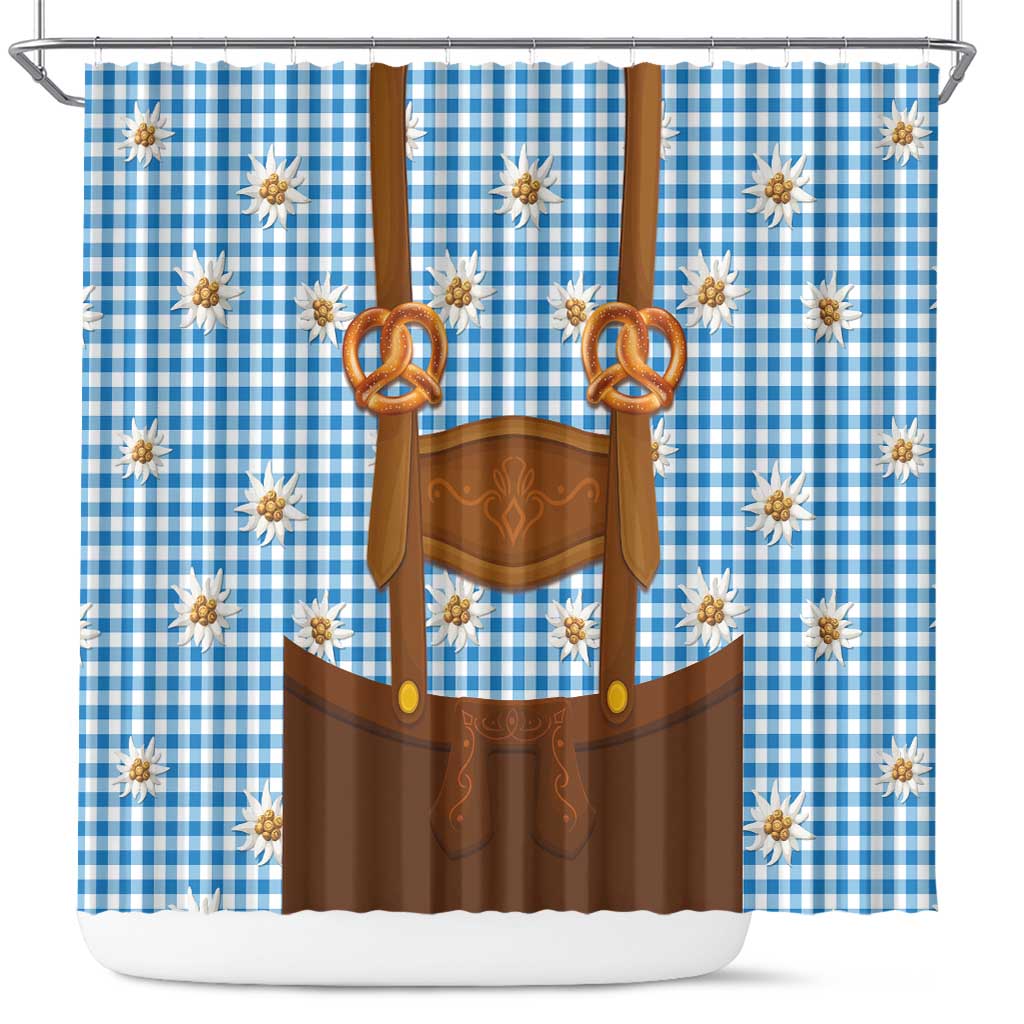 Traditional German Costume - Lederhosen and Soft Pretzel Shower Curtain Red Plaid Pattern with Edelweiss Flowers LT03