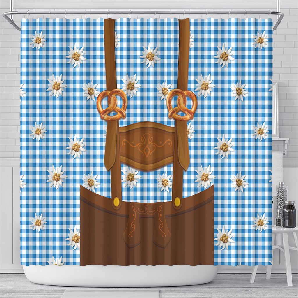 Traditional German Costume - Lederhosen and Soft Pretzel Shower Curtain Red Plaid Pattern with Edelweiss Flowers LT03